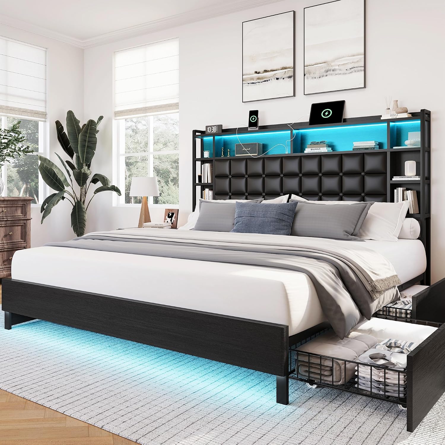 Cama King Size de Madeira com  - King Size Bed Frame With Storage Drawers avaliação e preço